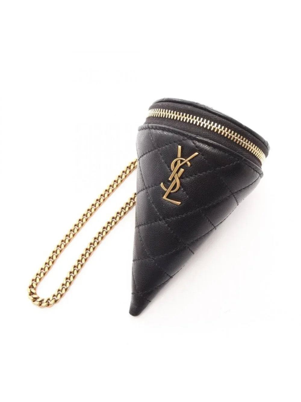 Saint Laurent Paris Charm Micro Cone Pouch Black Leather